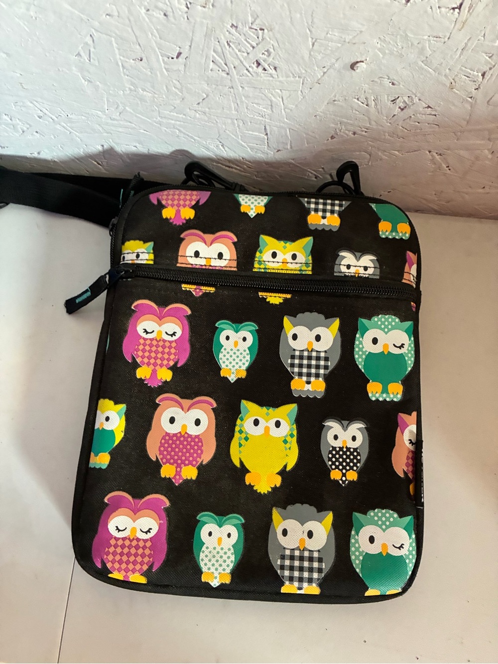 Black Crossbody Bag with Colorful Owl Print